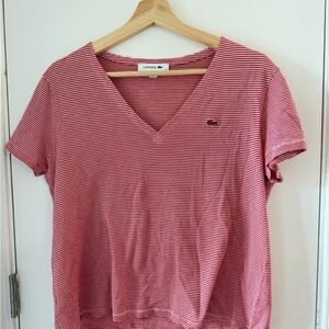 Lacoste Women's Red and White Striped V-Neck Tee